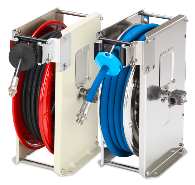 Automatic hose reels model ST - powder coated on the left - stainless steel on the right
