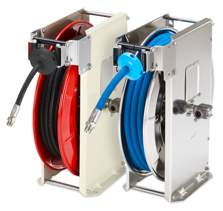 Automatic hose reels model ST - powder coated on the left - stainless steel on the right