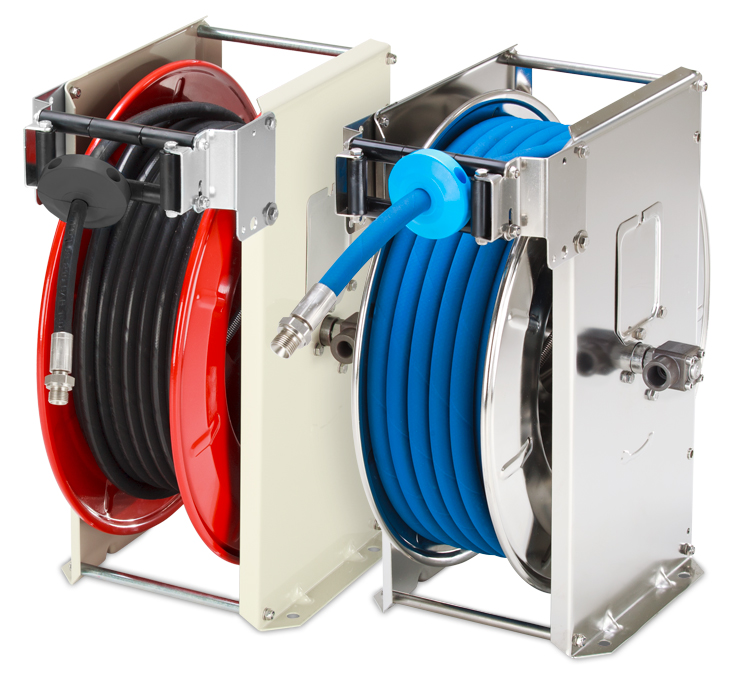 Automatic hose reels model ST - powder coated on the left - stainless steel on the right