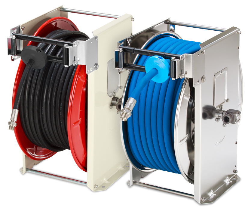 Automatic hose reels model ST - powder coated on the left - stainless steel on the right